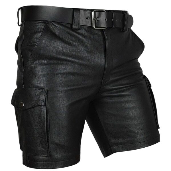 Black leather cargo short for men 1