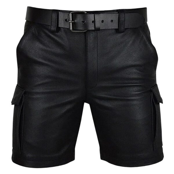 Black leather cargo short for men 1