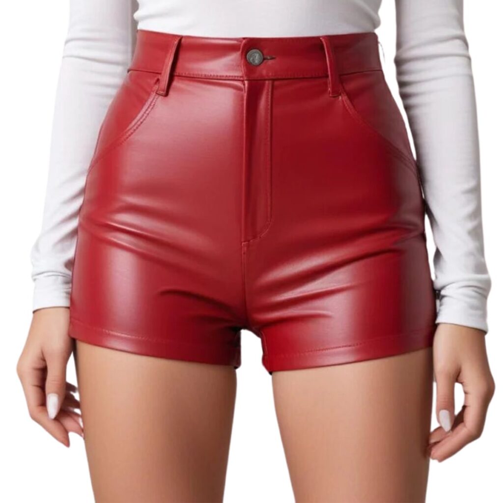 Genuine Slim Fit Leather Shorts Red For Women's