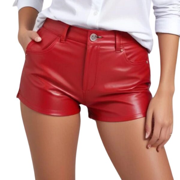 Genuine Slim Fit Leather Shorts Red For Women's