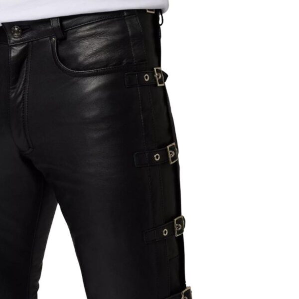 Men Black leather pants with buckles