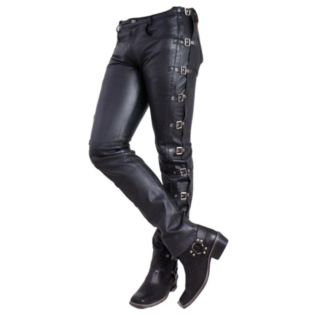 Men Black leather pants with buckles