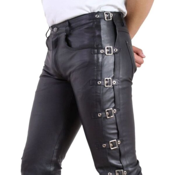 Men Black leather pants with buckles