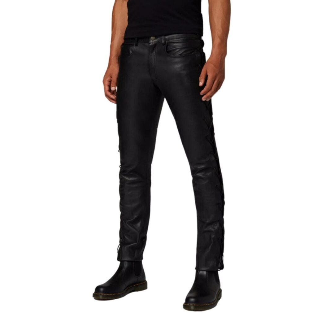 Waxed cowhide lace up leather pants